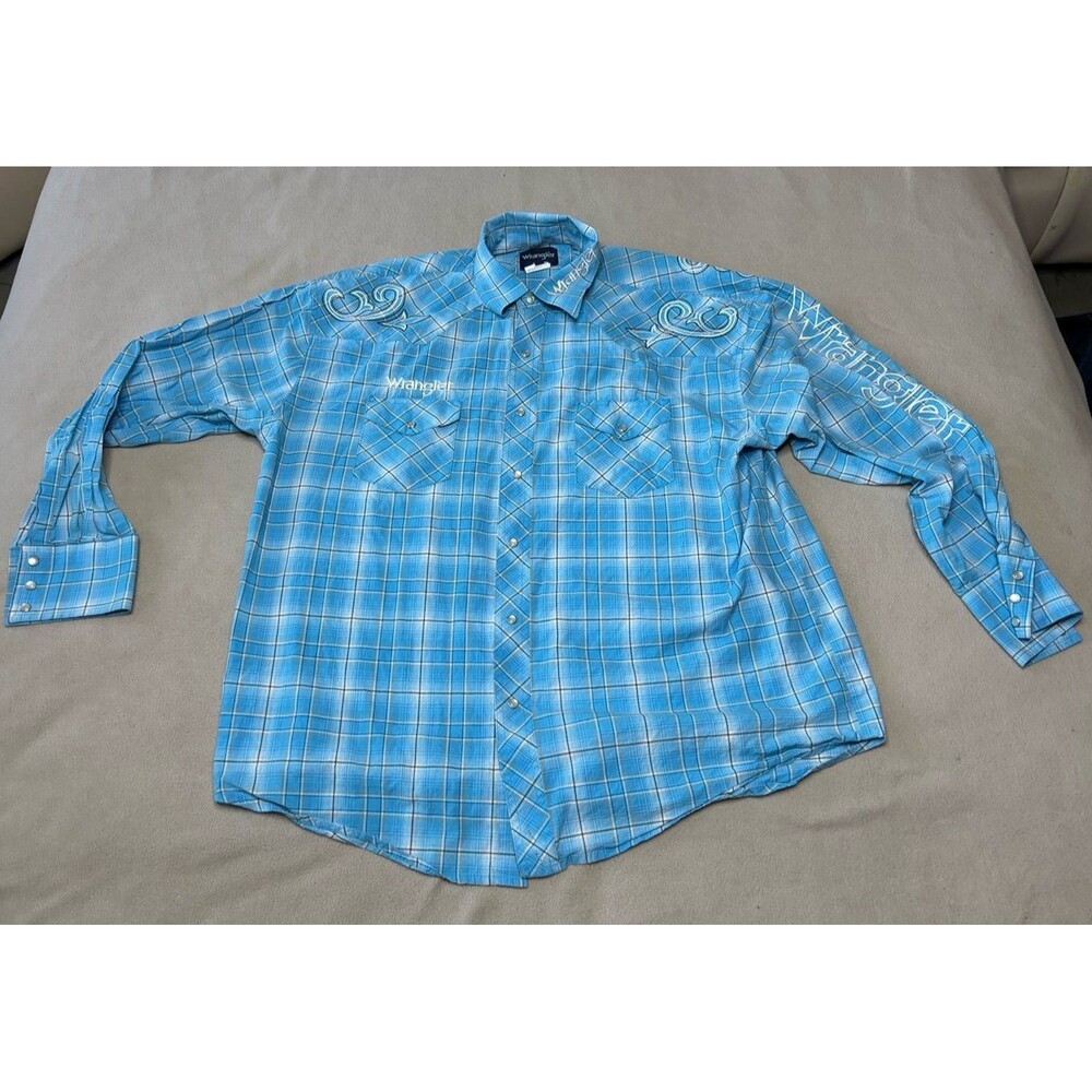 Wrangler Shirt Mens XL Blue Plaid Western Spell Out  Pearl Snap Rodeo